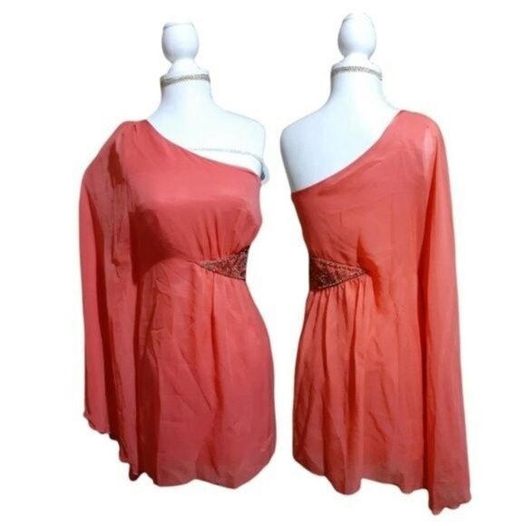 Free People Dancing in the Moonlight Papaya Salmon Orange Chiffon One Shoulder 2 - Picture 1 of 7